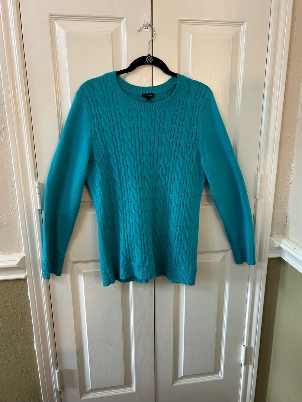 Talbots Button Cuff Cable Knit Sweater Turquoise Women Size L